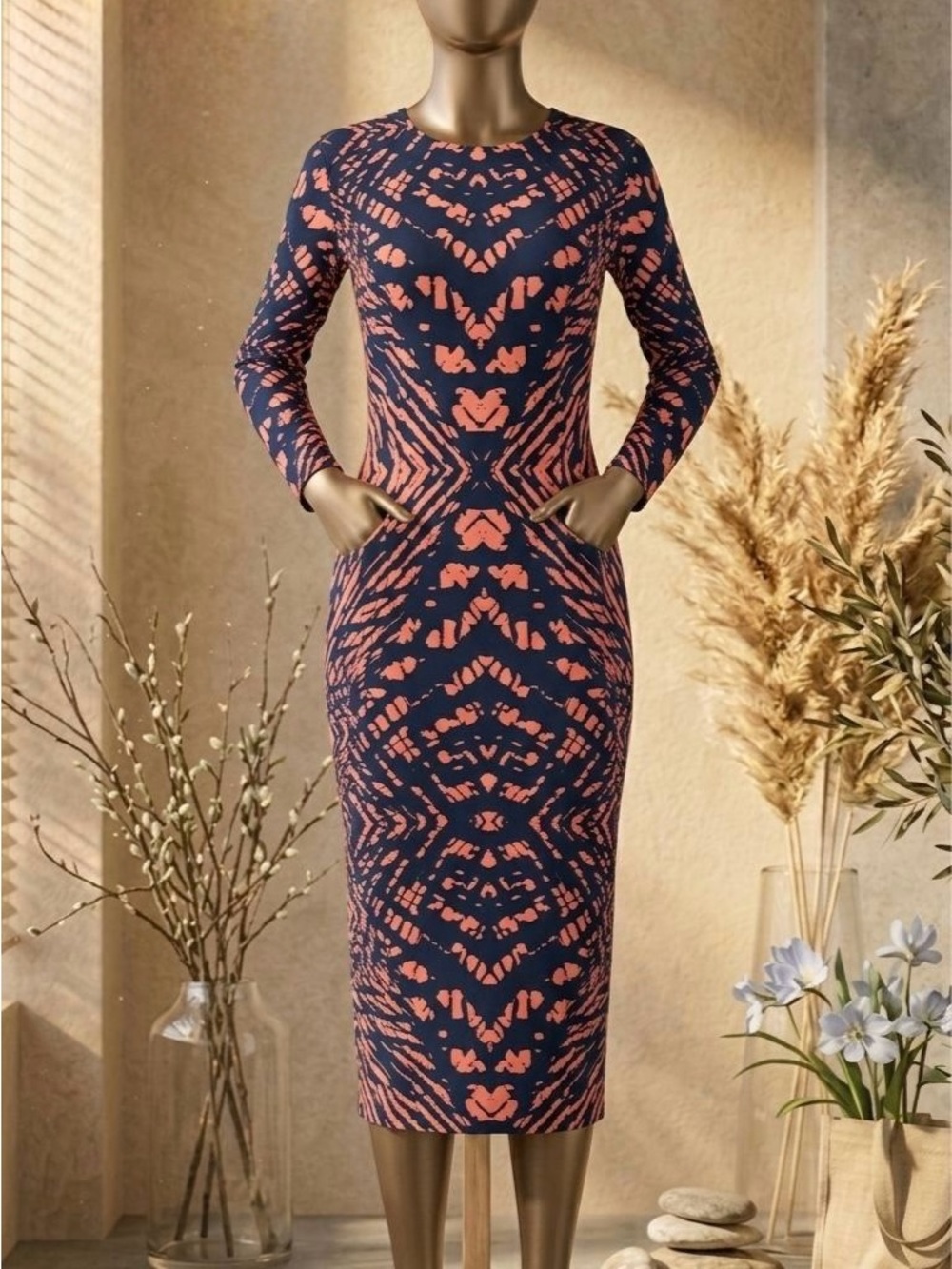 Maggy London Navy and Coral Long Sleeve Bodycon Midi Dress